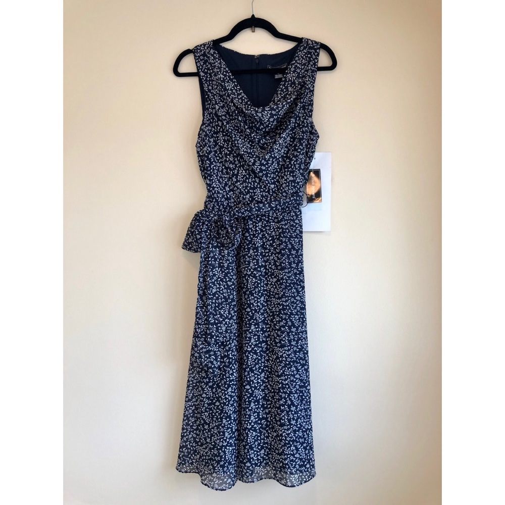 Long Navy floral dress with cowl neckline